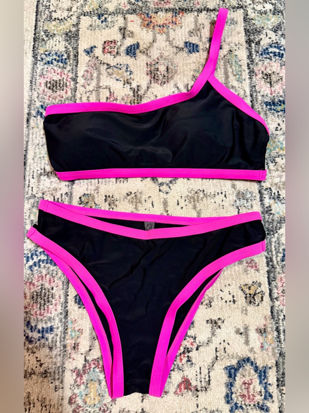 SHEIN Black Bikini with Hot Pink Trim One-Shoulder Set